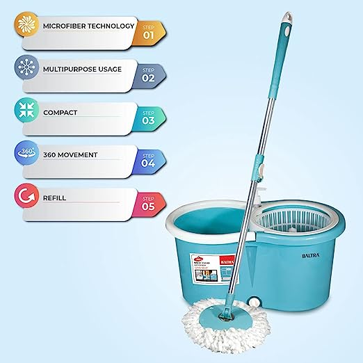 Baltra Magic Clean Mop with Wheels and Bucket Floor Cleaning with 2 Microfiber Refills 7 LTR Baltra Magic Clean Mop with Wheels and Bucket Floor Cleaning with 2 Microfiber Refills 7 LTR